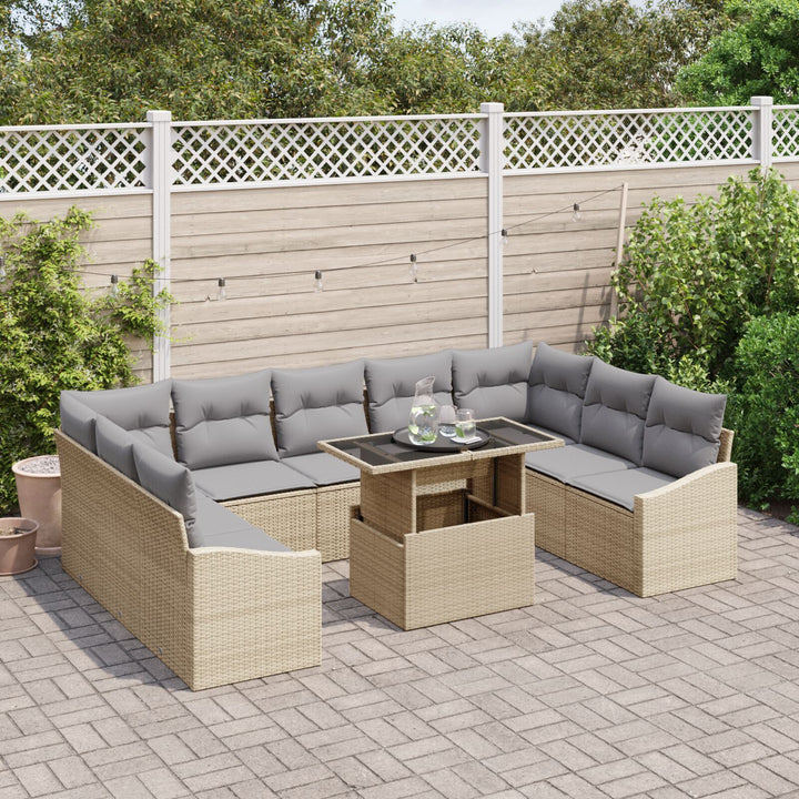 10 Stykker Havemøbel Sæt med Puder Beige Poly Rattan