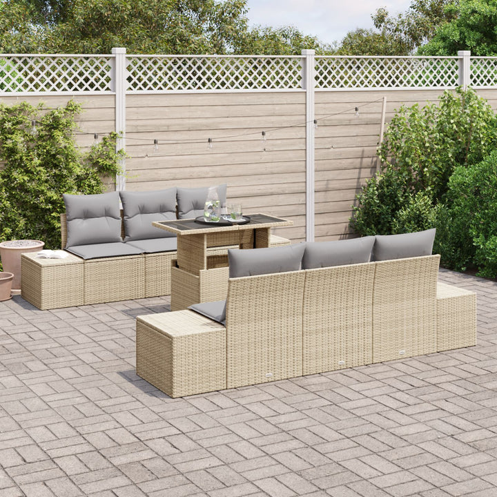 Havesofa Sæt 7 Deler Beige, Grå Rattan, Polyester Udendørs Bord