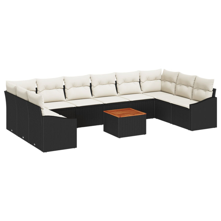 11 Dele Have Sofa Sæt med Puder Sort Poly Rattan Akacietræ