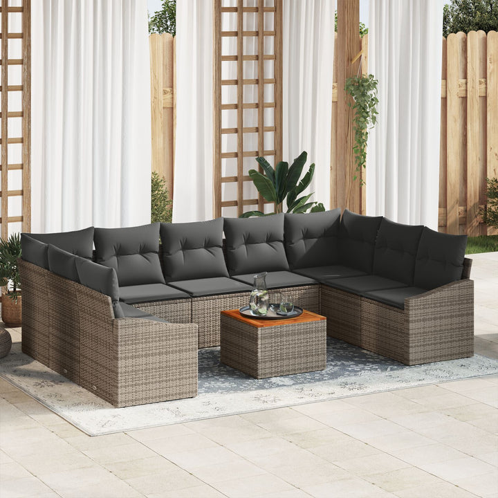10 Stykker Have Sofa Sæt med Puder Grå Poly Rattan Akacia