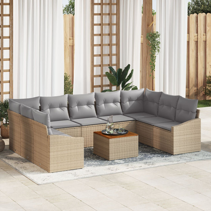 10 Deles Havesofa Sæt med Puder Beige Poly Rattan Akacietræ