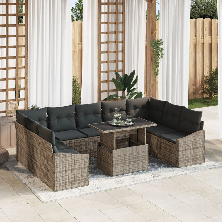 10 Styk Have Sofa Sæt med Puder Grå Poly Rattan