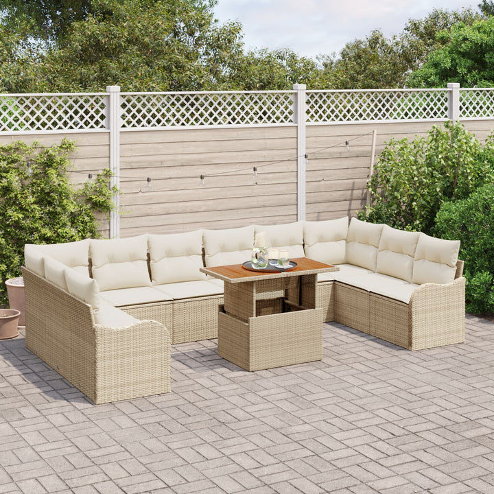 11 Stykke Have Sofa Sæt med Puder Beige Poly Rattan, vidaXL 2-Sæders Have Sofa med Opbevaring & Puder Beige Poly Rattan