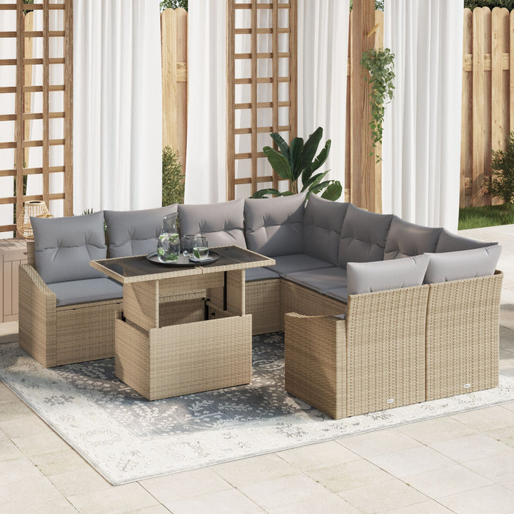 Have Sofa Sæt 9 Stykker Lysebrun og Grå Rattan og Stof