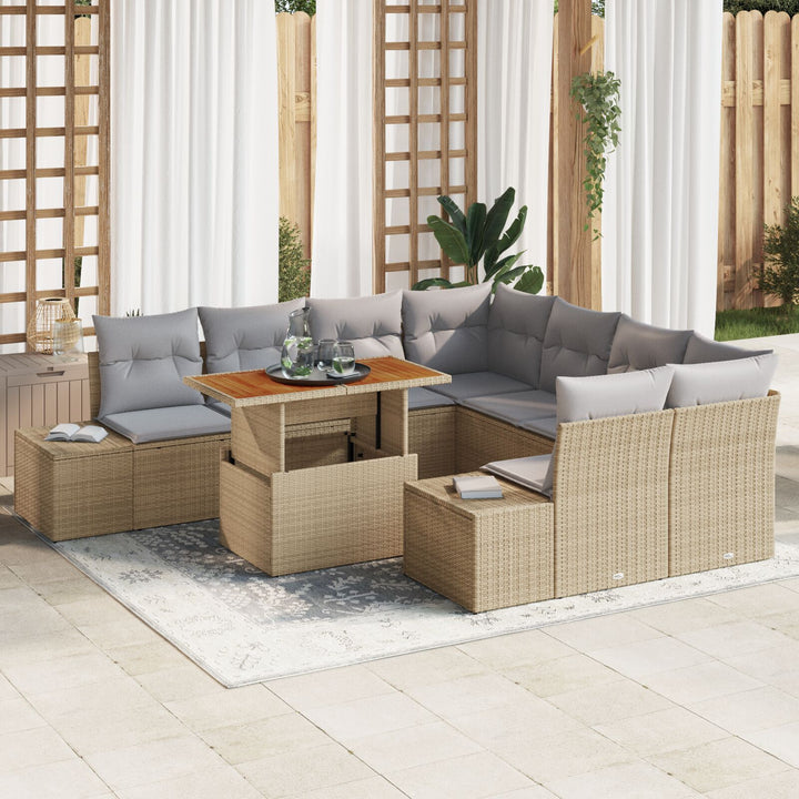 Havnesofa Sæt 9 stk Beige med grå puder Poly rattan med stålramme