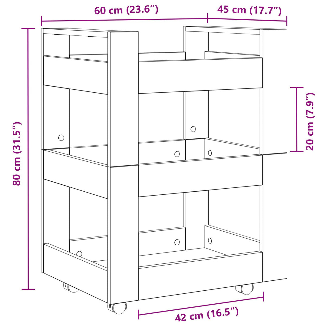 Køkkentrolley Sort Egetræ 60x45x80 cm Konstrueret Træ