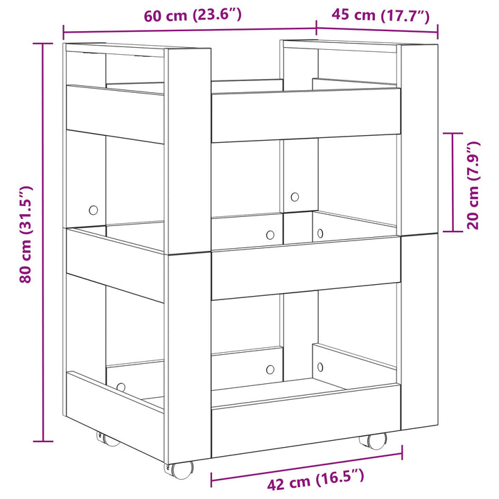 Køkkentrolley Sort Egetræ 60x45x80 cm Konstrueret Træ