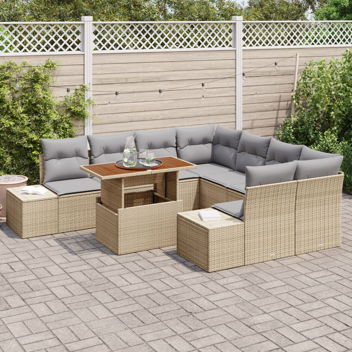 Havnesofa Sæt 9 stk Beige med grå puder Poly rattan med stålramme