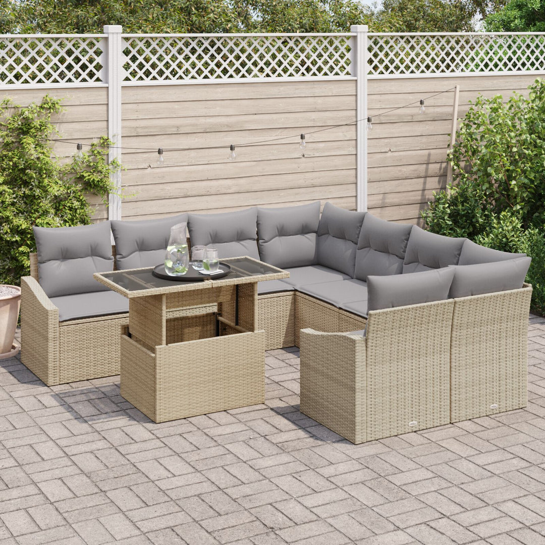 Have Sofa Sæt 9 Stykker Lysebrun og Grå Rattan og Stof