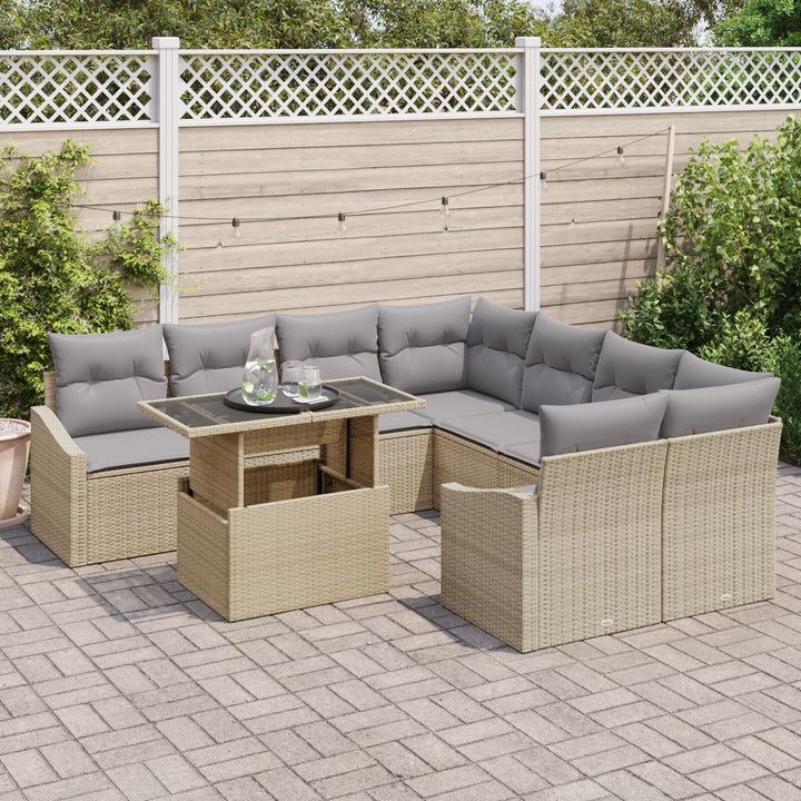 Have Sofa Sæt 9 Stykker Lysebrun og Grå Rattan og Stof