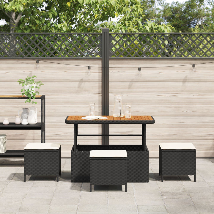 4 Deles Have Spisebord Sæt med Hynder Sort Poly Rattan Akacia