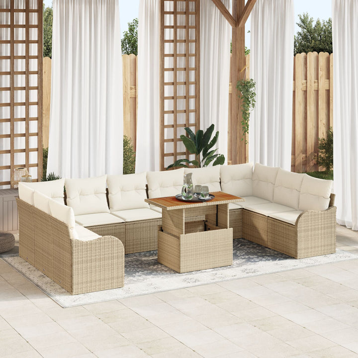 11 Stykke Have Sofa Sæt med Puder Beige Poly Rattan, vidaXL 2-Sæders Have Sofa med Opbevaring & Puder Beige Poly Rattan