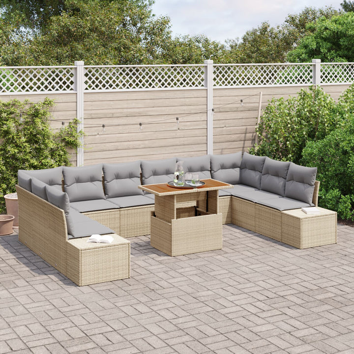 11-piece Havemøbel Sæt med Hynder Beige Poly Rattan