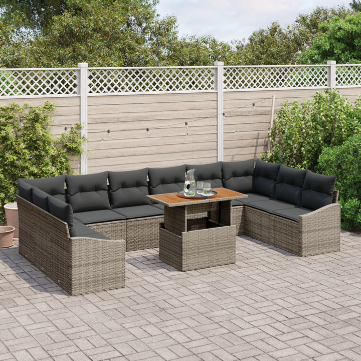 11 Piece Garden Dining Set with Cushions Grey Poly Rattan Acacia