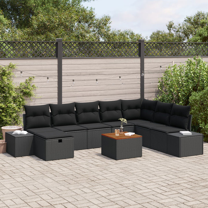 Have Sofa Sæt 9 Stykker Sort Rattan Havehjørnesofa Rektangulær