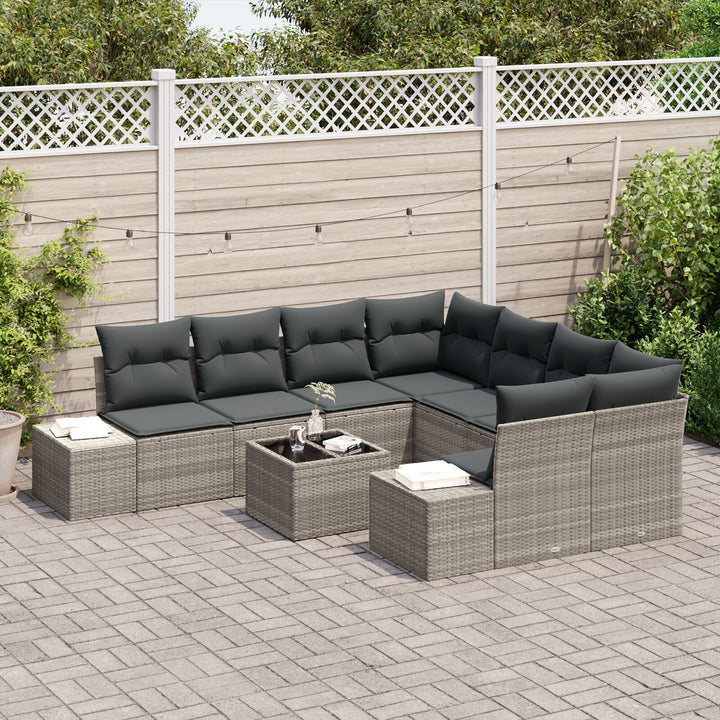 9-pers Havesofa Sæt med puder Lysegrå Poly Rattan