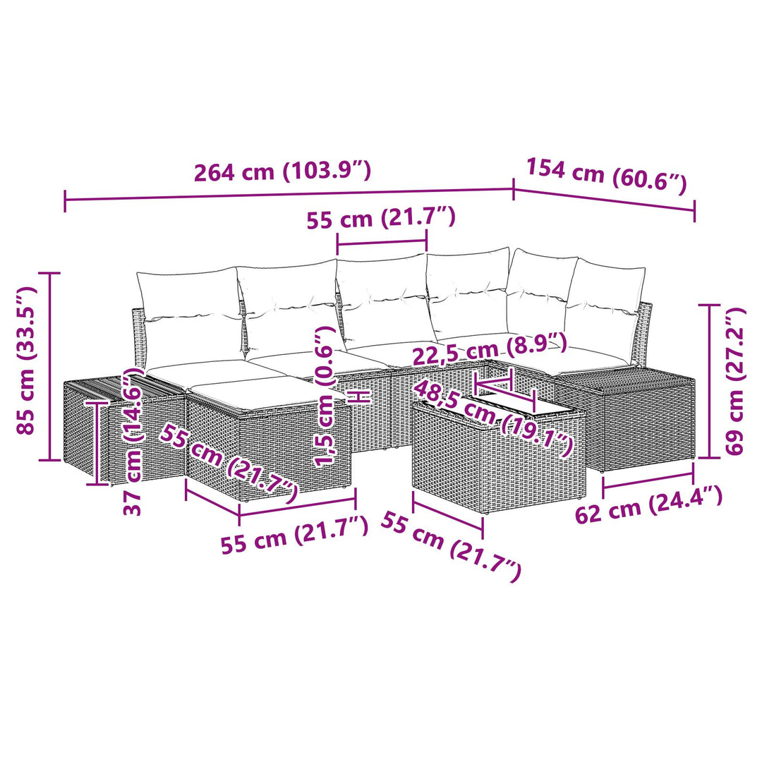 Have Sofa Sæt Sæt af 7 Brun og creme Rattan og stof Have sofa sæt