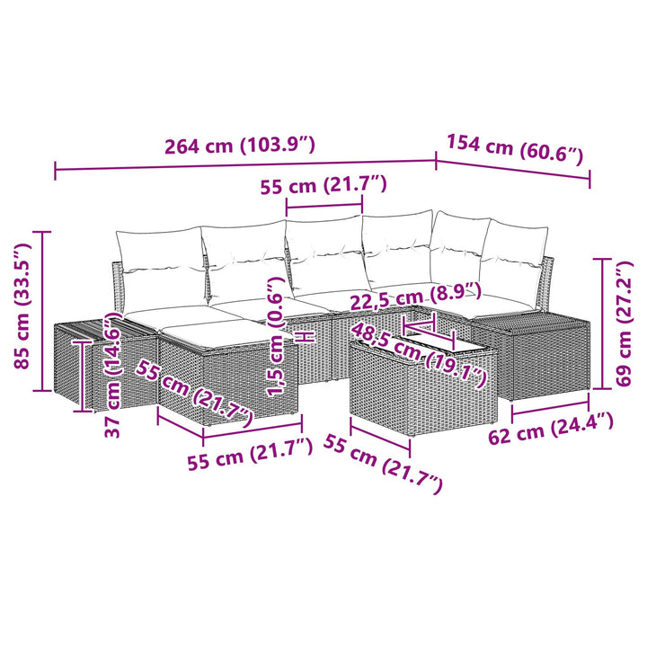 Have Sofa Sæt Sæt af 7 Brun og creme Rattan og stof Have sofa sæt