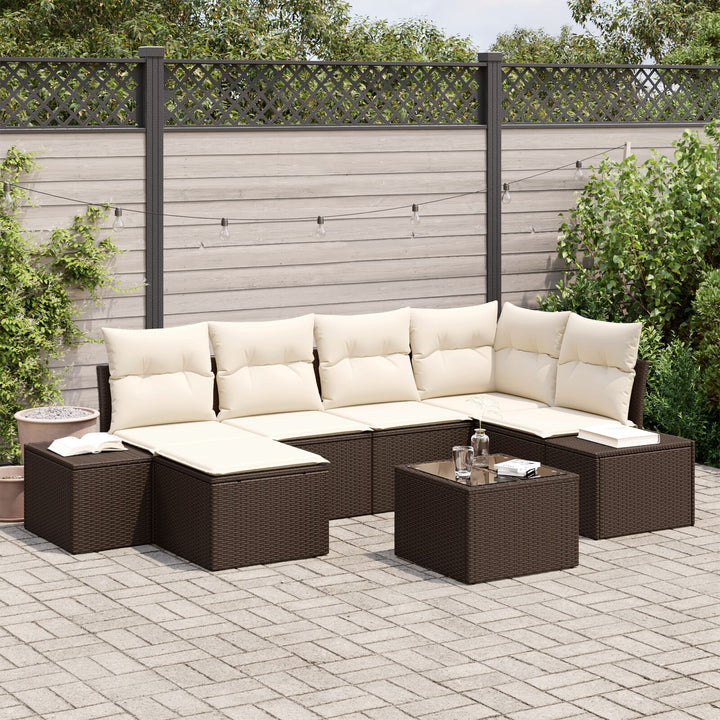 Have Sofa Sæt Sæt af 7 Brun og creme Rattan og stof Have sofa sæt