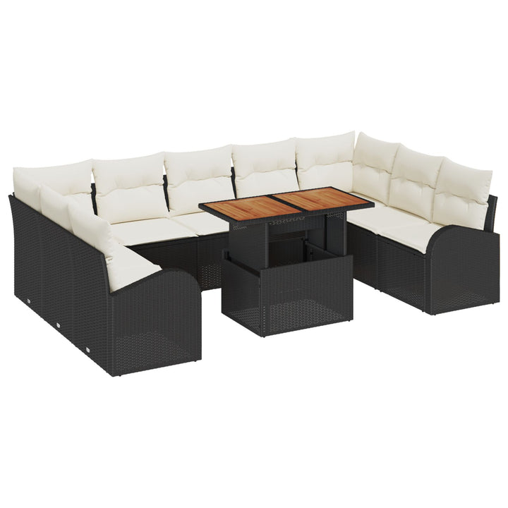 10-delt Have Spisestel med Puder Sort Poly Rattan Akacia