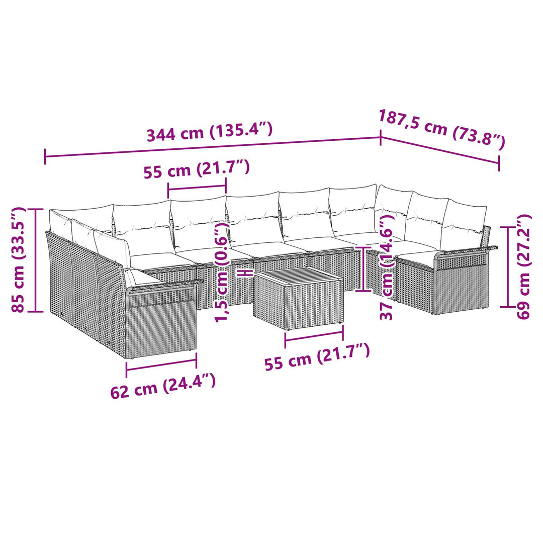 11-delt have sofa sæt med puder beige poly rattan akacie