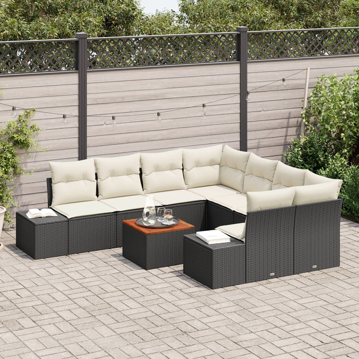 Havesofa Sæt 9 dele Sort og creme Poly rattan og polyester puder