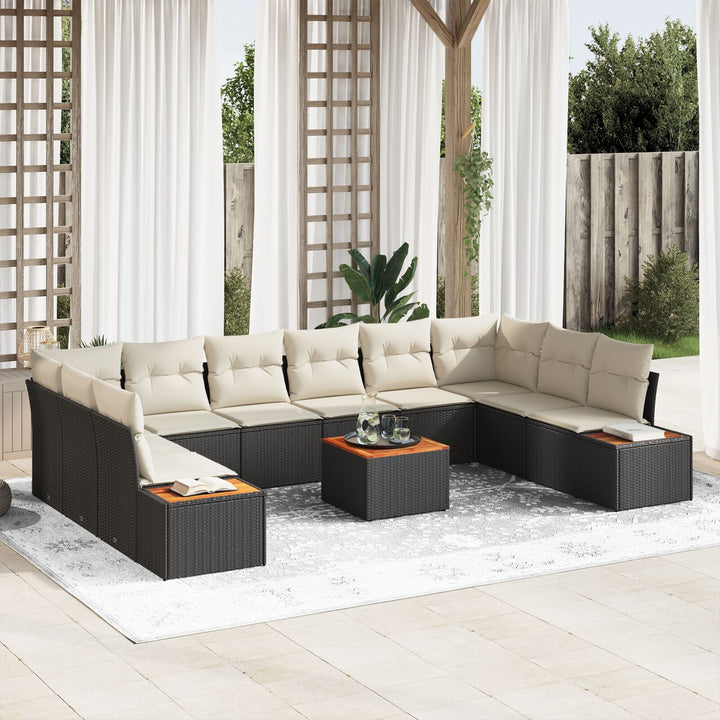 11 Delt Have Sofa Sæt med Puder Sort Polyrattan Akacia
