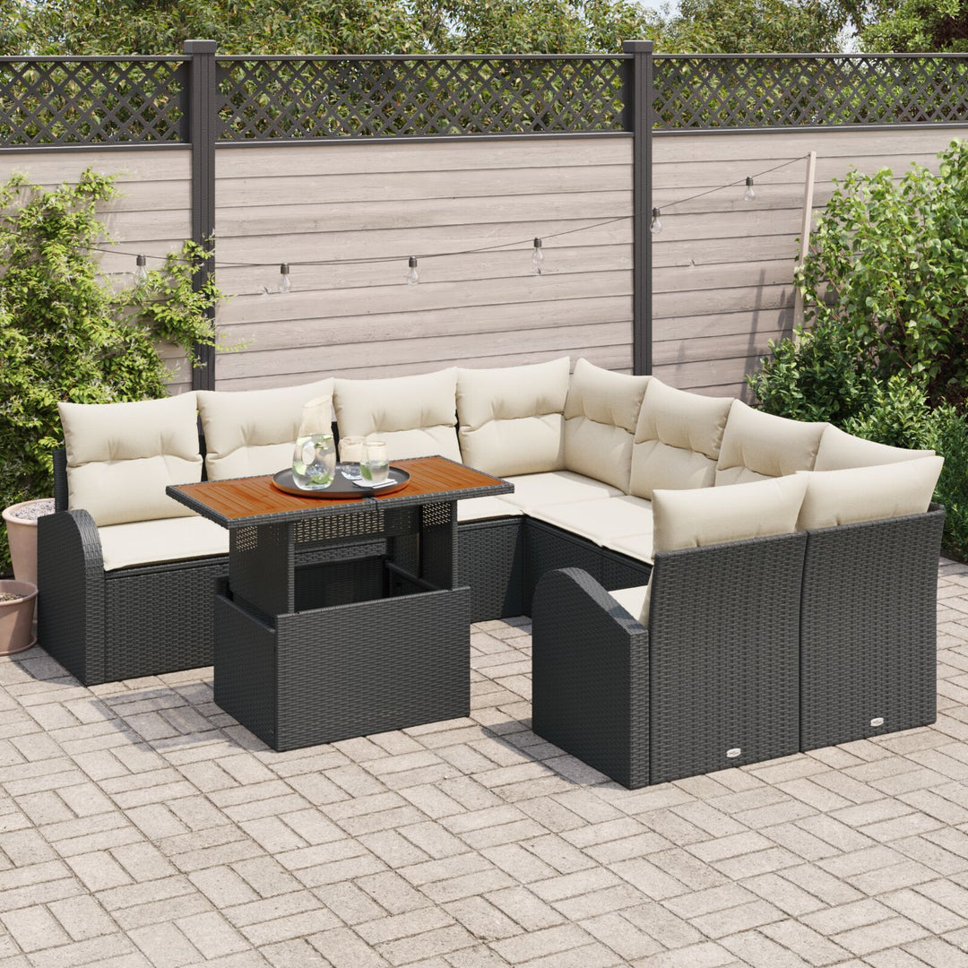 9-delte Have Spisestel med Puder Sort Poly Rattan Akacia