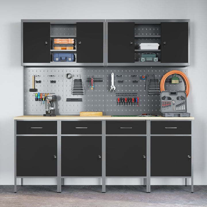 10 Styk Arbejds Skab og Pegboard Sæt Sort MDF og Metal