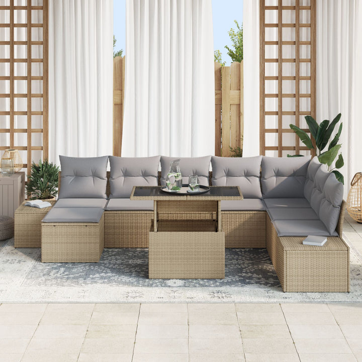 Have Sofa Sæt Sæt af 9 Beige Rattan Have Hjørnesofa Rektangulær