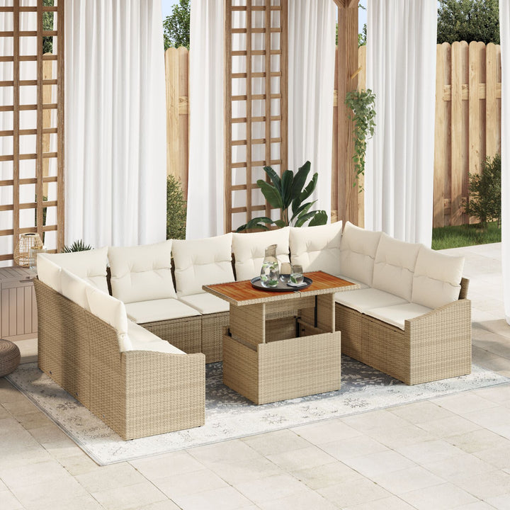 10 Dels Have Spisesæt med Puder Beige Poly Rattan Akacie