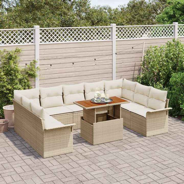 10-delers havespisesæt med puder beige poly rattan akacietræ