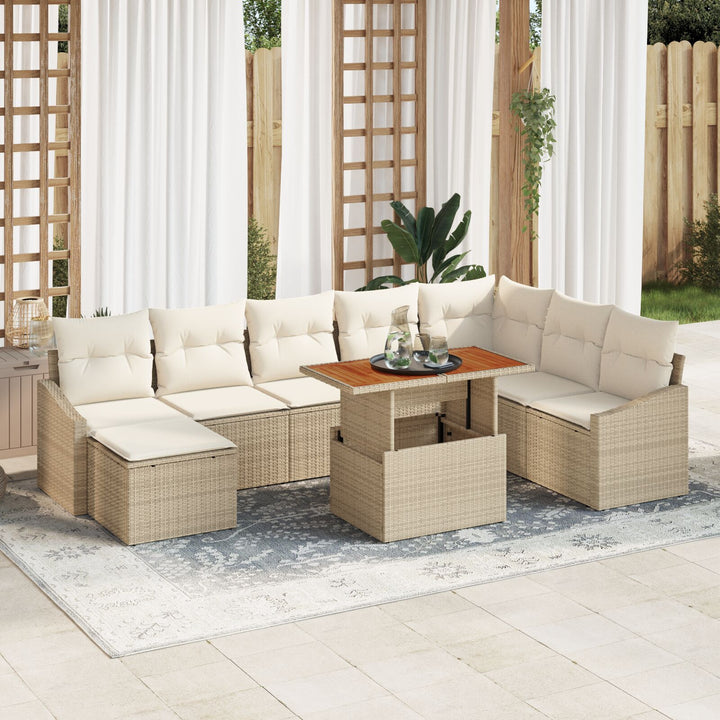 9-delt Havemøbelsæt med Puder Beige Poly Rattan Akacia