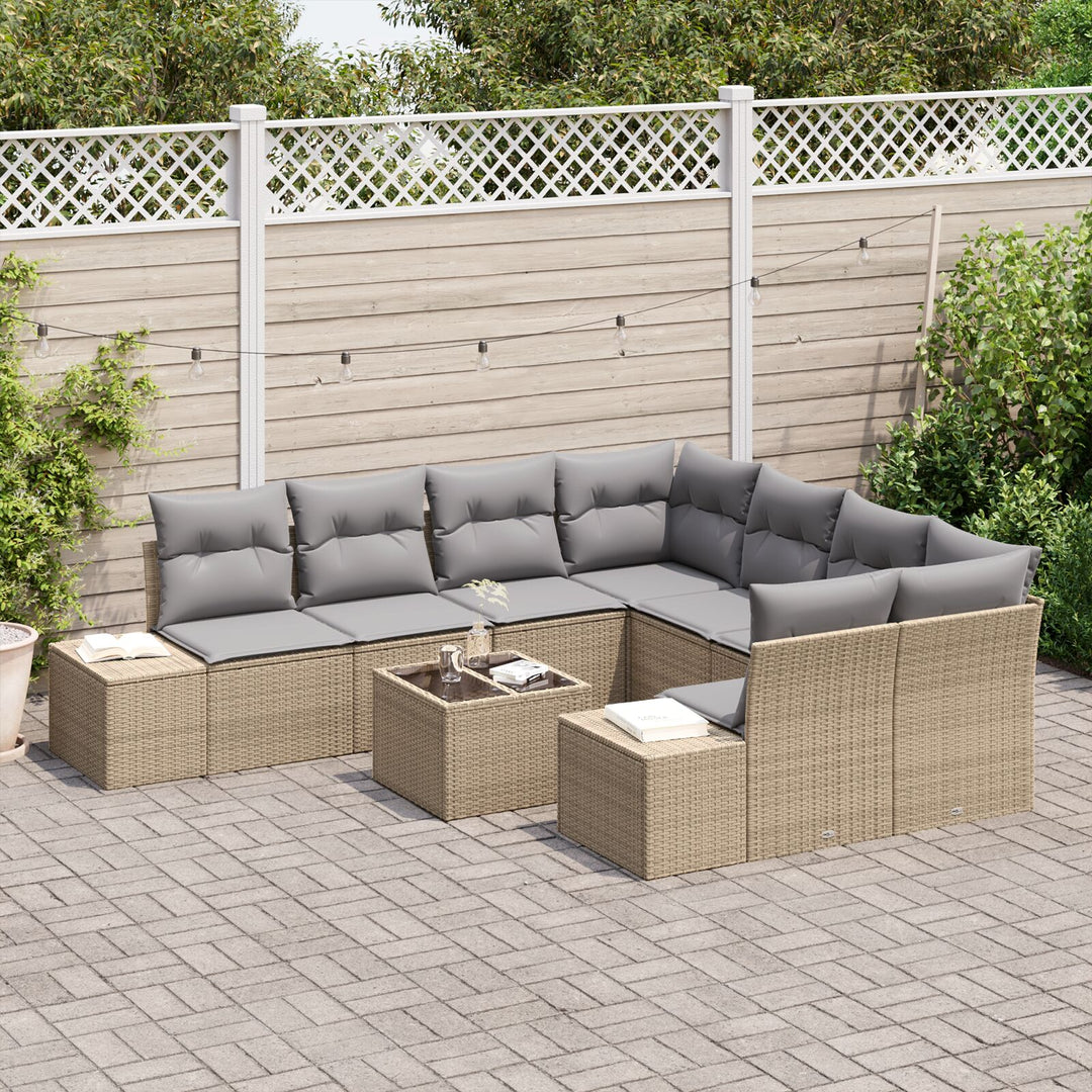 9-delt havestofa sæt med puder i beige poly rattan