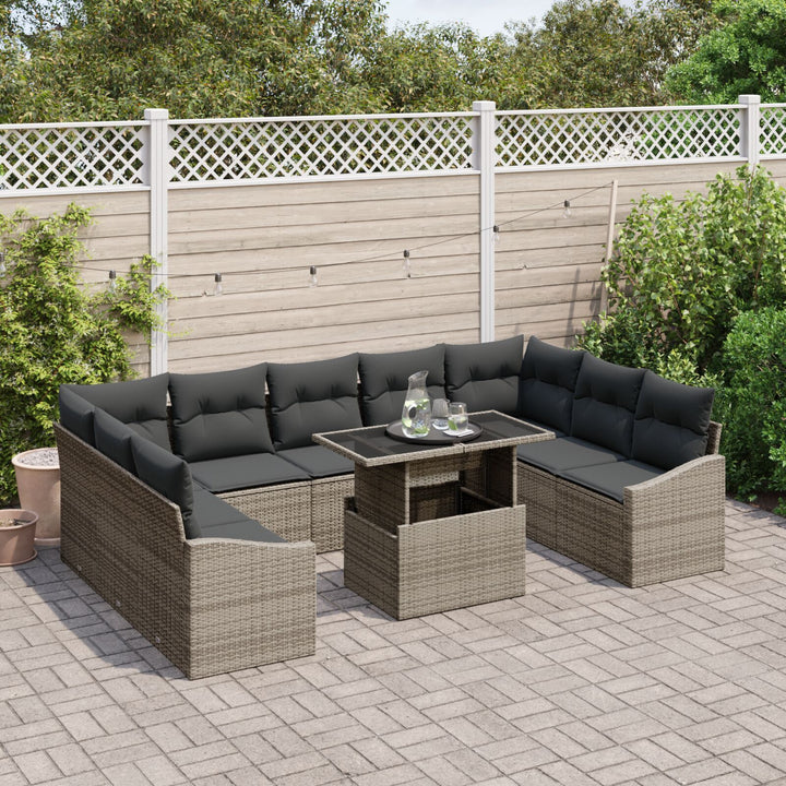 10 Styk Have Sofa Sæt med Puder Grå Poly Rattan