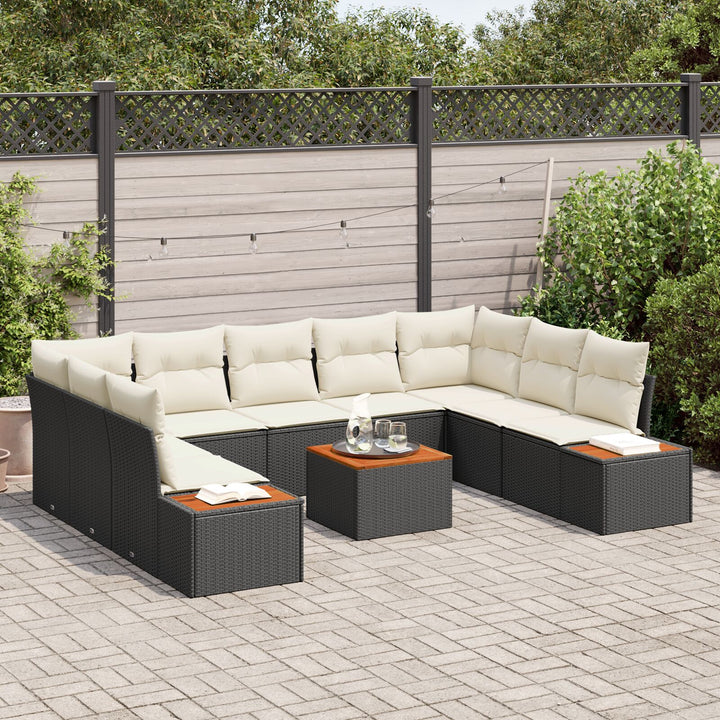 10 Stykke Have Sofa Sæt med Puder Sort Poly Rattan Akacia