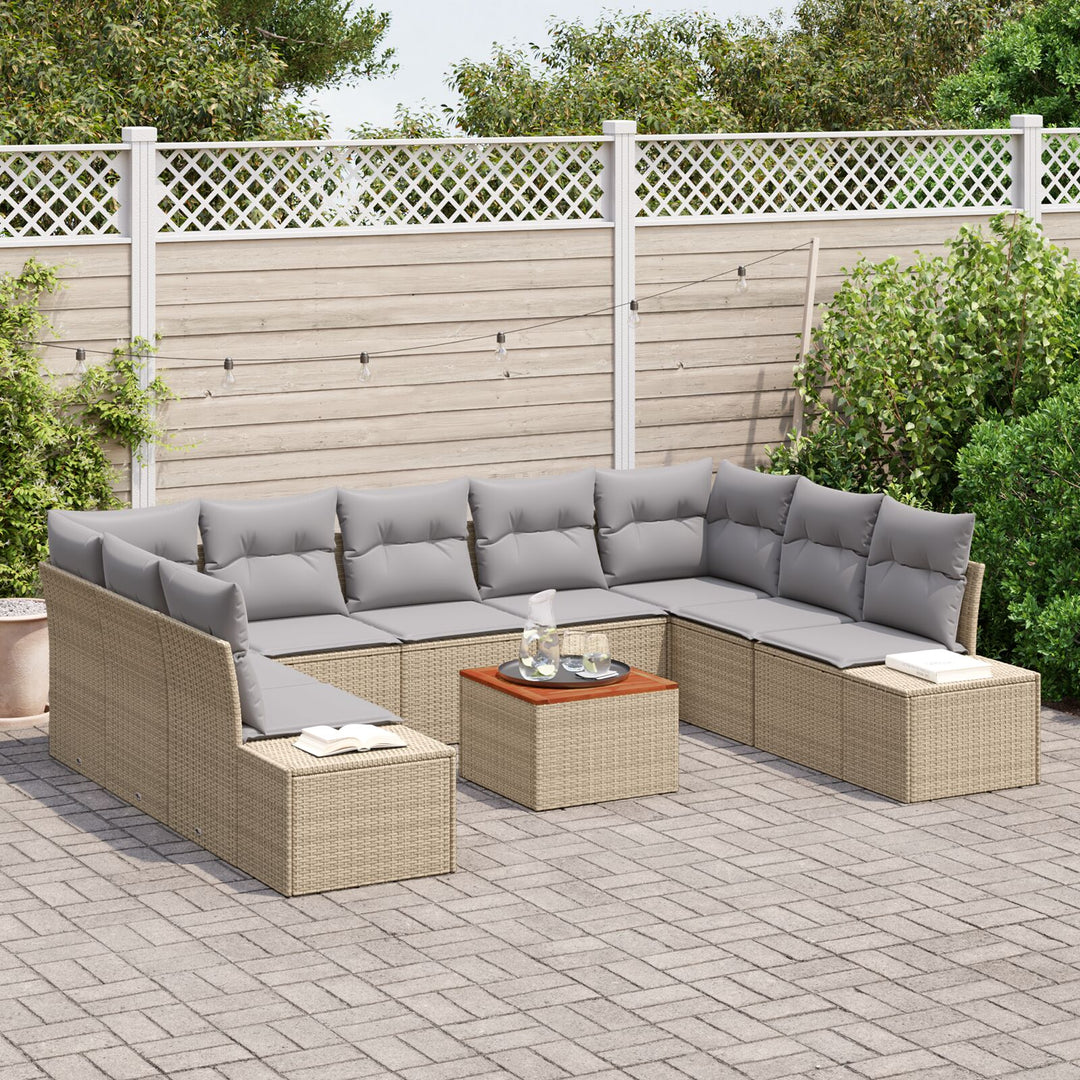10 Stykker Have Sofa Sæt med Puder Beige Poly Rattan Akacietræ