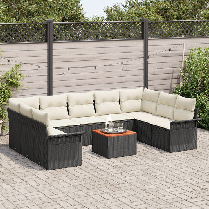 10 Stykke Have Sofa Sæt med Puder Sort Poly Rattan Akacia