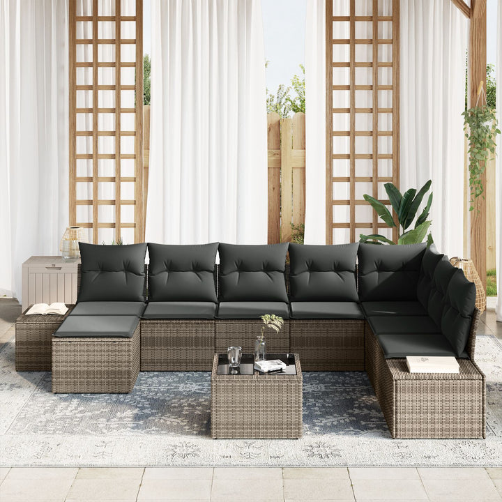 Have Sofa Sæt Sæt af 9 Grå Rattan Havehjørnesofa Rektangulær