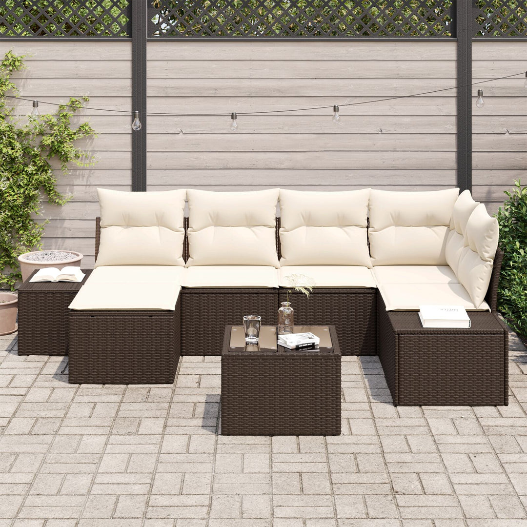 Have Sofa Sæt Sæt af 7 Brun og creme Rattan og stof Have sofa sæt
