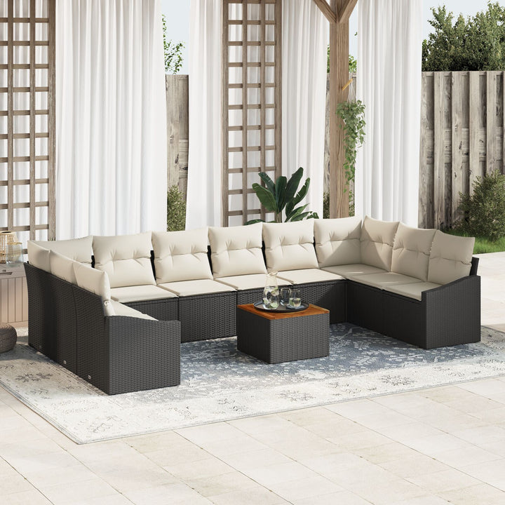 11 Dele Have Sofa Sæt med Puder Sort Poly Rattan Akacietræ
