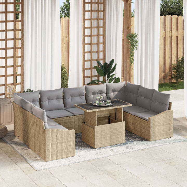10 Stykker Havemøbel Sæt med Puder Beige Poly Rattan